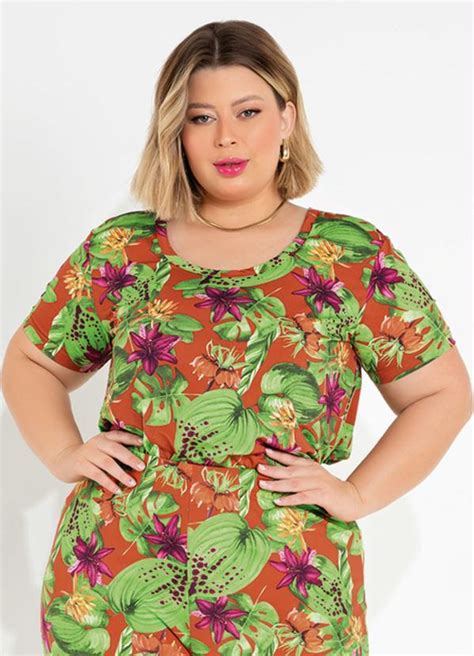 Blusa Floral Laranja De Manga Curta Plus Size Marguerite