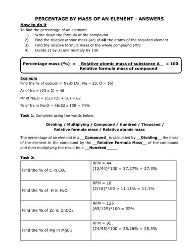 Calculating Percentage By Mass Teaching Resources