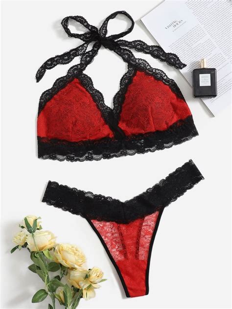 Plus Floral Lace Halter Lingerie Set SHEIN