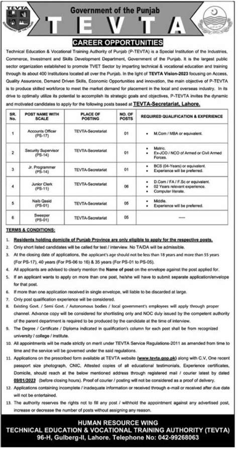 Jobs At Tevta Secretariat Lahore 2023 Latest Jobs In Pakistan