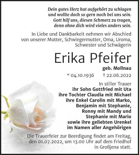 Traueranzeigen Von Erika Pfeifer Abschied Nehmen De