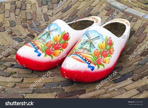 Typical Dutch Wooden Clogs Klompen Painted With Tulips And A