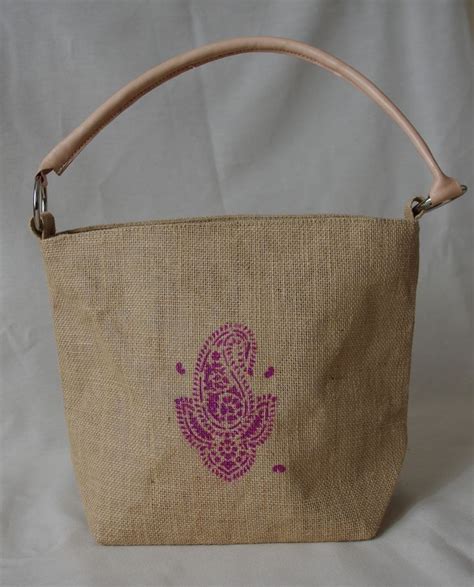 Petit Cabas En Toile De Jute Naturelle Motif Cachemire Fuschia Paillet