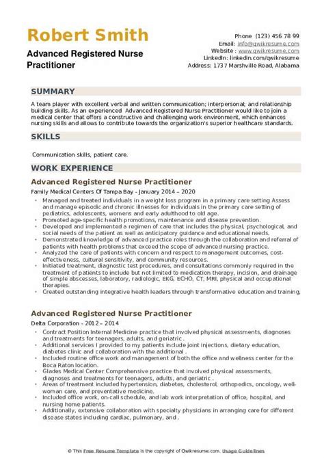 Advanced Registered Nurse Practitioner Resume Samples Qwikresume