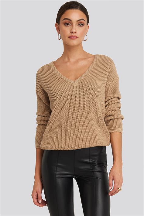 Deep Front V Neck Knitted Sweater Beige Na