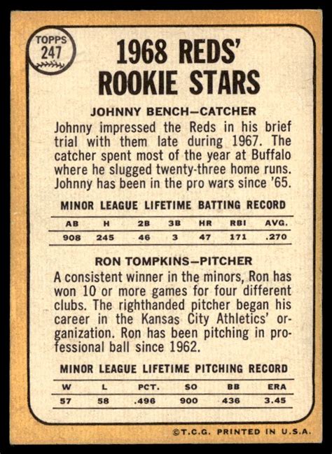 1968 TOPPS JOHNNY BENCH ROOKIE BASEBALL CARD 64191 Auctionninja