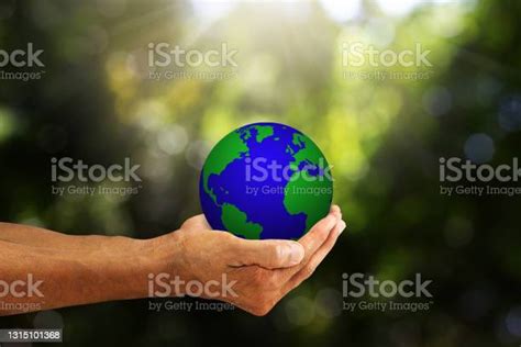 Hands Holding Planet Earth On Blurred Green Nature With Sunlight