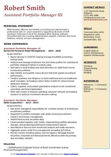 Assistant Portfolio Manager Resume Samples Qwikresume