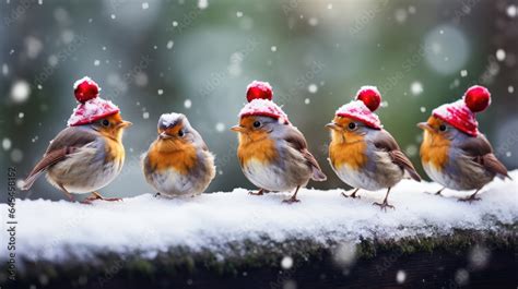 Funny Christmas Birds Wearing Adorable Little Red Hats Coming Together