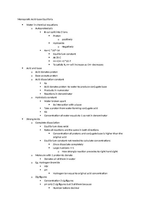 Monoprotic Acids And Bases Monoprotic Acid Base Equilibria Water In Chemical Equations O