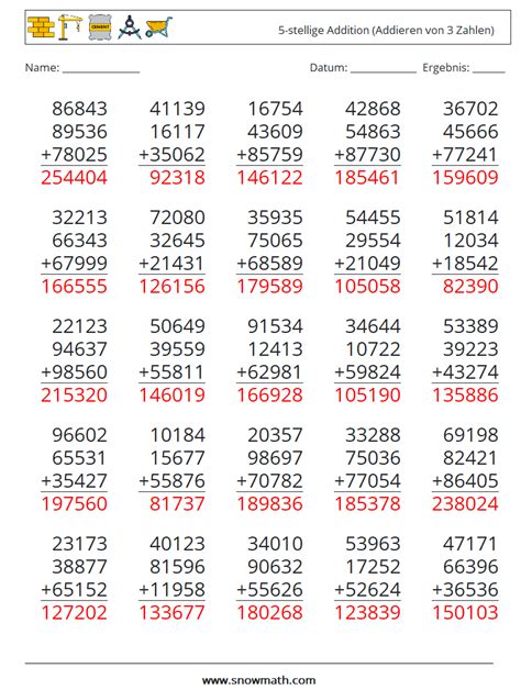 25 5 stellige addition addieren von 3 zahlen Mathe Arbeitsblätter