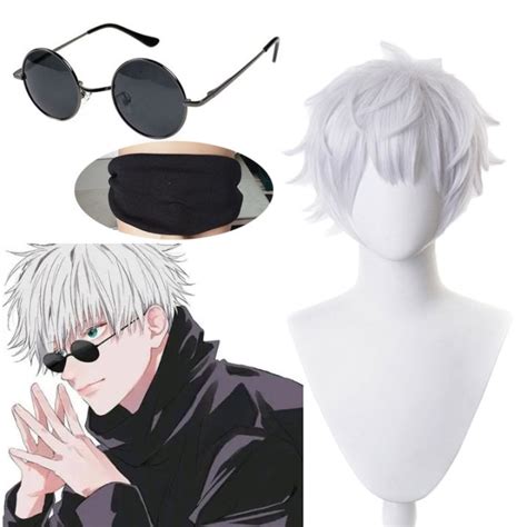 【hot】 Anime Jujutsu Kaisen Cosplay Gojo Satoru Glasses Eyewear Blindfold White Wigs Carnival