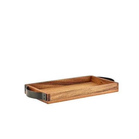 Genware Acacia Wood Serving Tray With Metal Handles 325 X 175cm At