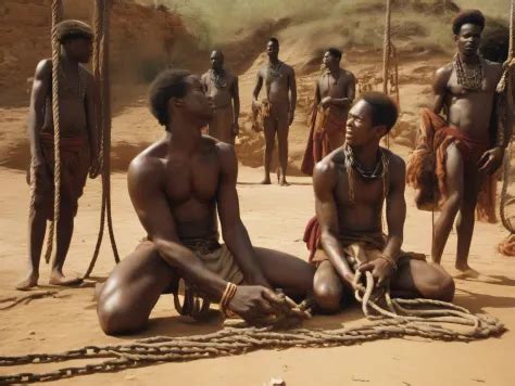 Five Half Naked African Slaves Tied With A Rope Descendant Un Escalier