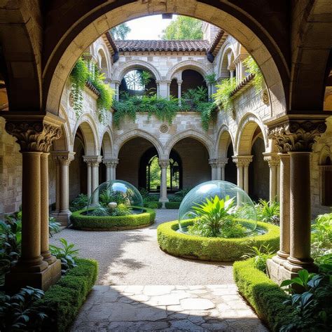 magnificent romanesque cloister garden floating  ai art