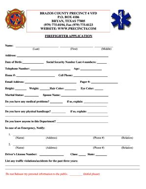 Fillable Online Firefighter Application Brazos County Pct Vfd Fax