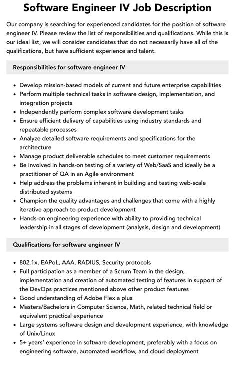 Software Engineer Iv Job Description Velvet Jobs