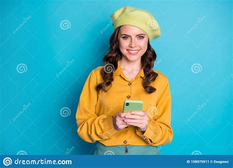 Portrait Of Positive Cheerful Girl Use Smartphone Enjoy Follow Post