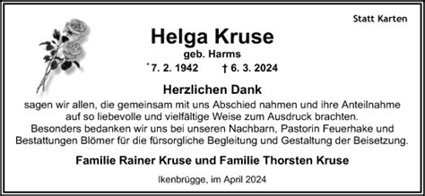 Traueranzeigen Von Helga Kruse Om Trauer De