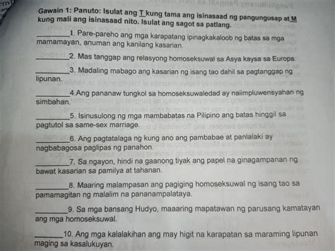 Isulat Ang T Kung Tama Ang Isinasaad Ng Pangungusap At M Kung Mali Ang