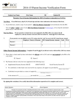 Fillable Online Rcc 201415 Parent Income Verification Form Student Last