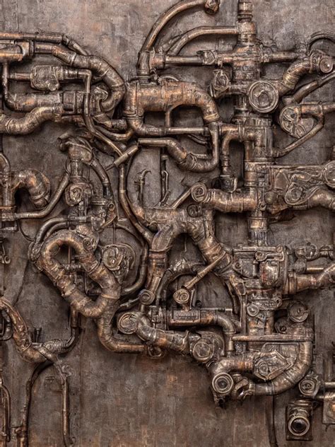 Relief Sculpture Carving In Rusted Steel Of Machine Stable Diffusion