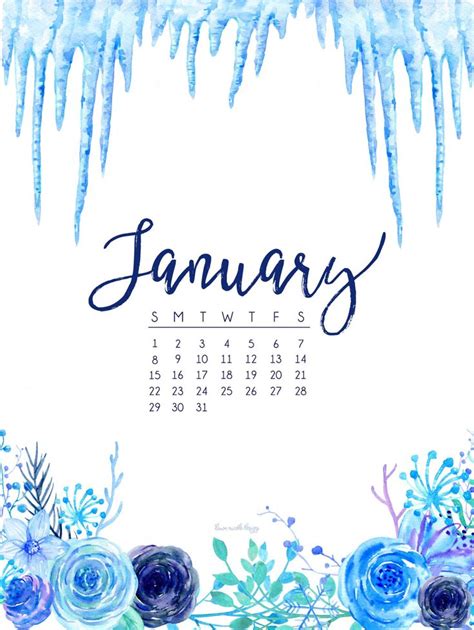 the january calendar with blue flowers and icicles on it's side, in ...