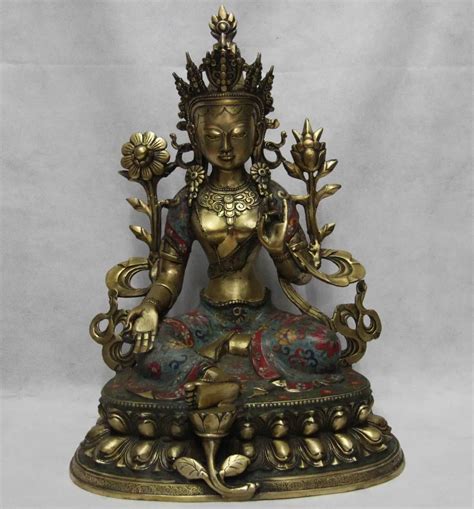 Free Shipping Bi Copper Bronze Cloisonne Green Tara Guan Yin Kwan