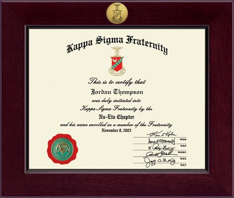 Kappa Sigma Fraternity Century Gold Engraved Certificate Frame In