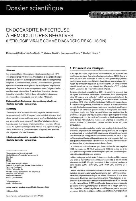 Pdf Endocardite Infectieuse à Hémocultures Négatives L étiologie Virale Comme Diagnostic D