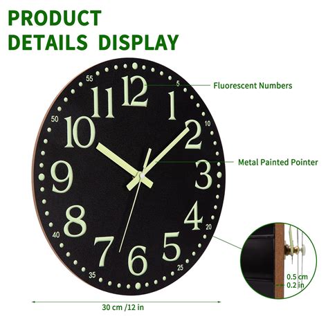 NESIFEE 12 Inch Glow In The Dark Wall Clock Wooden Luminous Wall