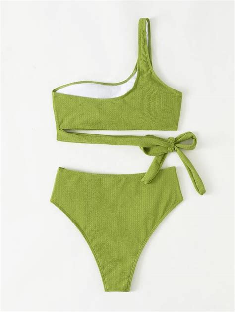 Shein Swim Chicsea Plain Knot One Shoulder Bikini Swimsuit Shein Usa