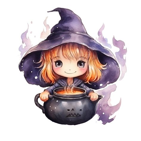 Cute Character Witch Cauldron Watercolor Illustration For Halloween