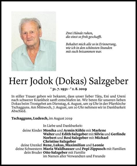 Todesanzeigen Von Jodok Salzgeber Todesanzeigen Vorarlberger Nachrichten