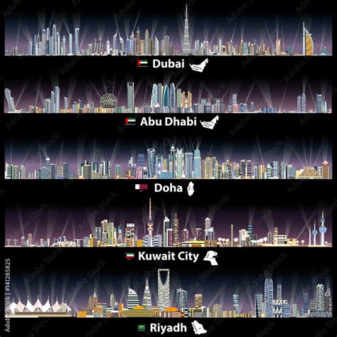 Dubai Abu Dhabi Doha Riyadh And Kuwait City Skylines At Night With