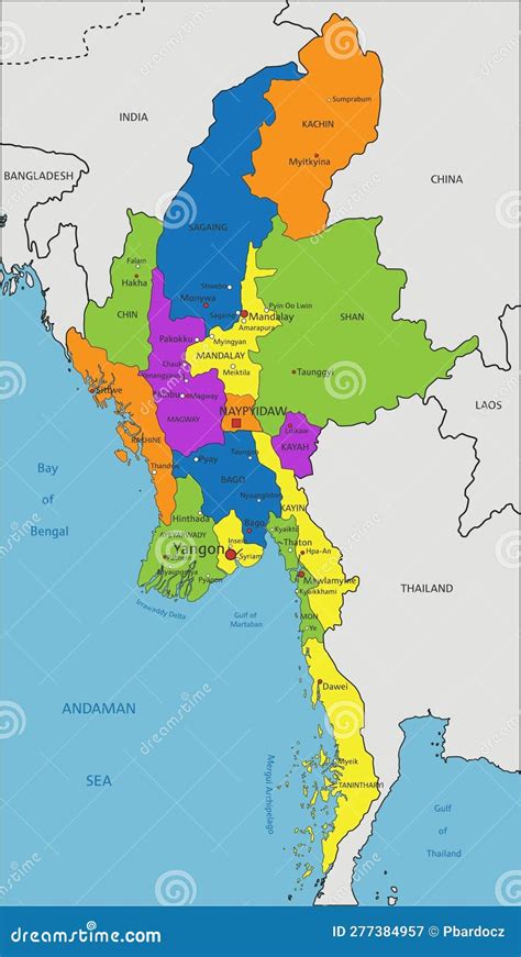 Colorful Myanmar Political Map With Clearly Labeled Separated Layers