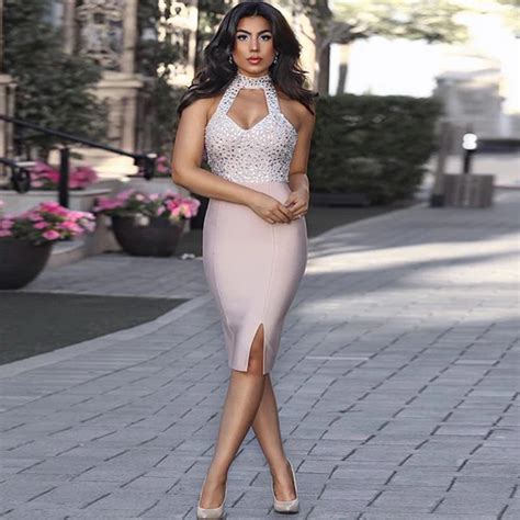 Newest Celebrity Party Bodycon Bandage Dress Women Sleeveless Halter Diamonds Sexy Split