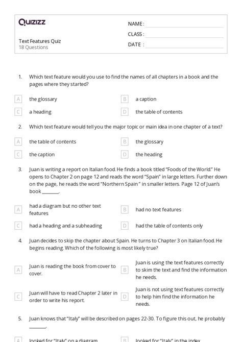 Using Text Features Worksheets For Th Grade On Quizizz Free