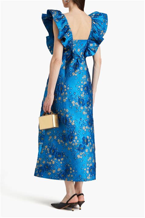 Ganni Gathered Metallic Cloqué Midi Dress The Outnet