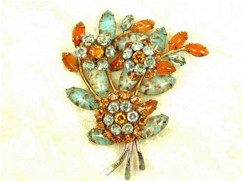 Vintage Aqua Schreiner Trembler Brooch Floral Beauty