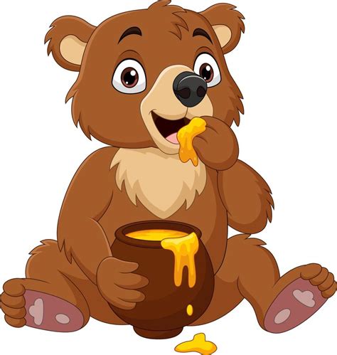 Cartoon baby bear sitting and eating honey from the pot 6605451 Vector Art at Vecteezy