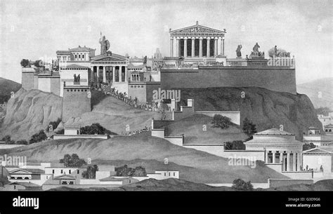 Depiction of the acropolis in ancient Athens, with the Propylaea, the ...