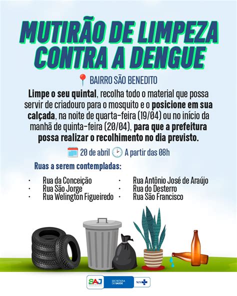 SAJ prefeitura realizará mutirão de limpeza contra o mosquito Aedes