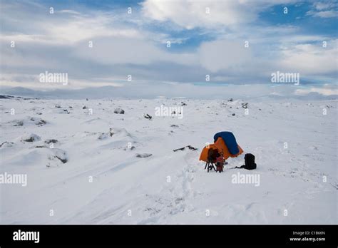 Tent In Mountain Tundra Stock Photo Alamy