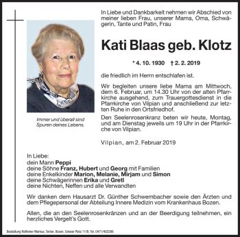 Traueranzeigen Von Kati Blaas Trauer Bz