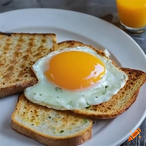 Fried Egg With Toasted Bread On A Plate With A Glass Of Orange Juice On