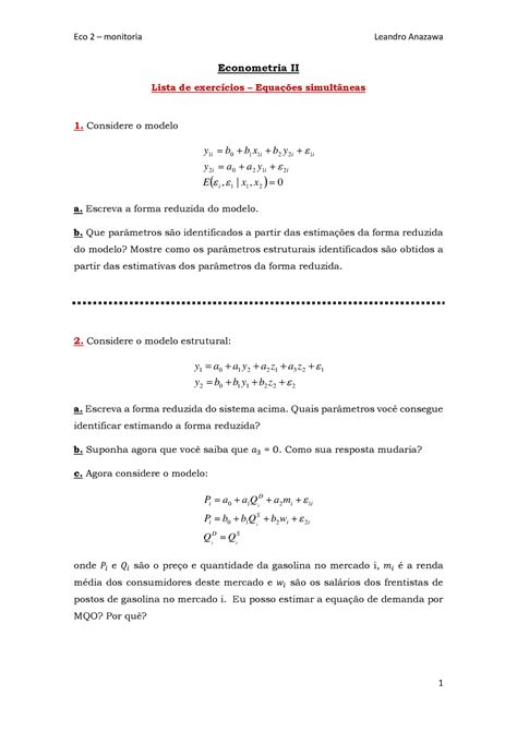 Econometria II Lista de exercícios Equações Simultâneas Eco 2