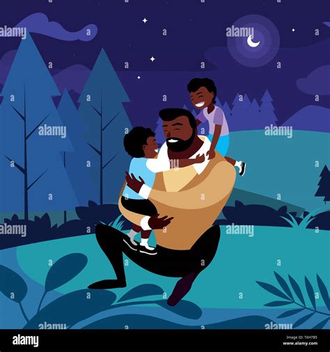 Afro Father With Sons Characters In The Field At Night Vector