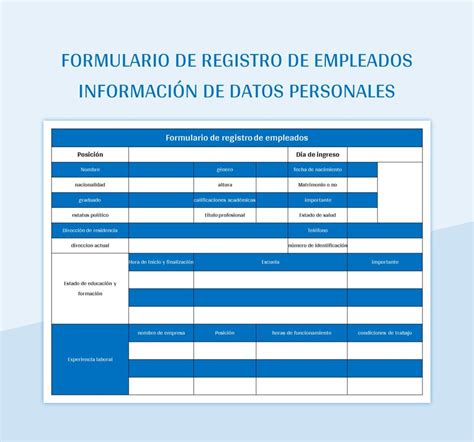 Plantilla De Formato Excel Formulario De Registro De Empleados Información De Datos Personales Y