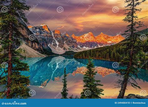 golden sunrise  moraine lake  alberta canada stock photo image